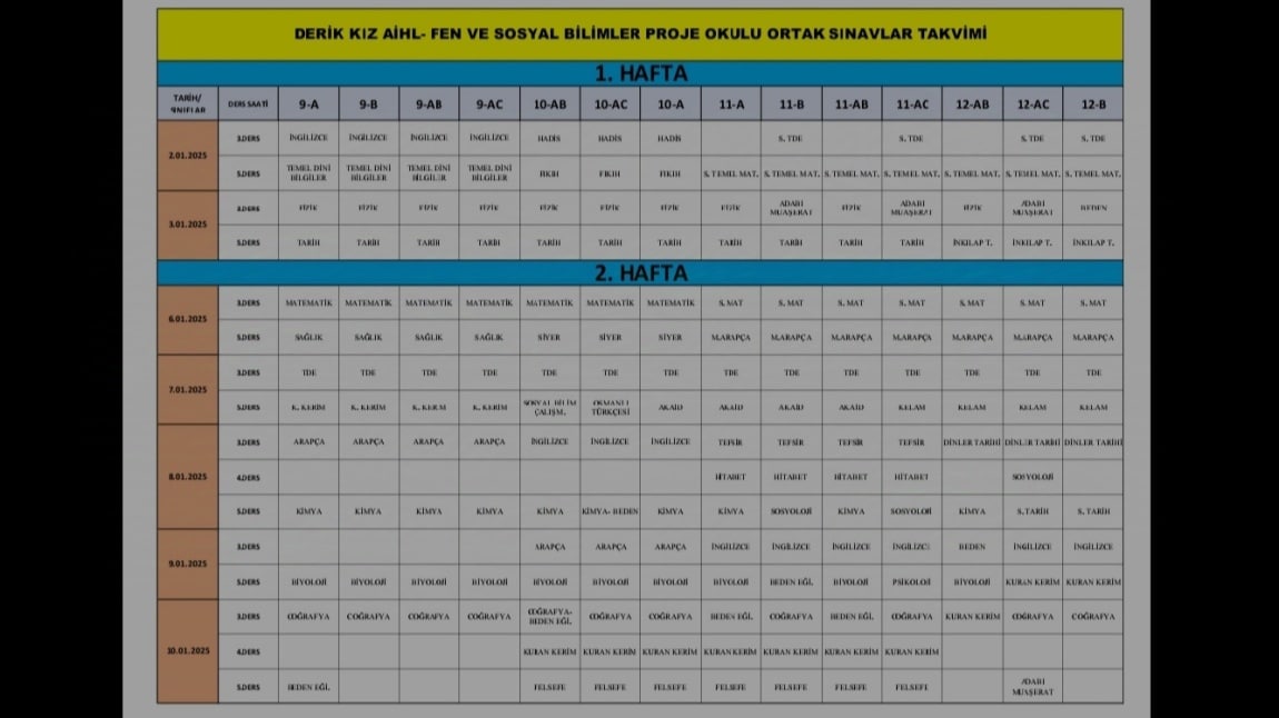 2024-2024 (I. DÖNEM) II. ORTAK SINAV TAKVİMİ